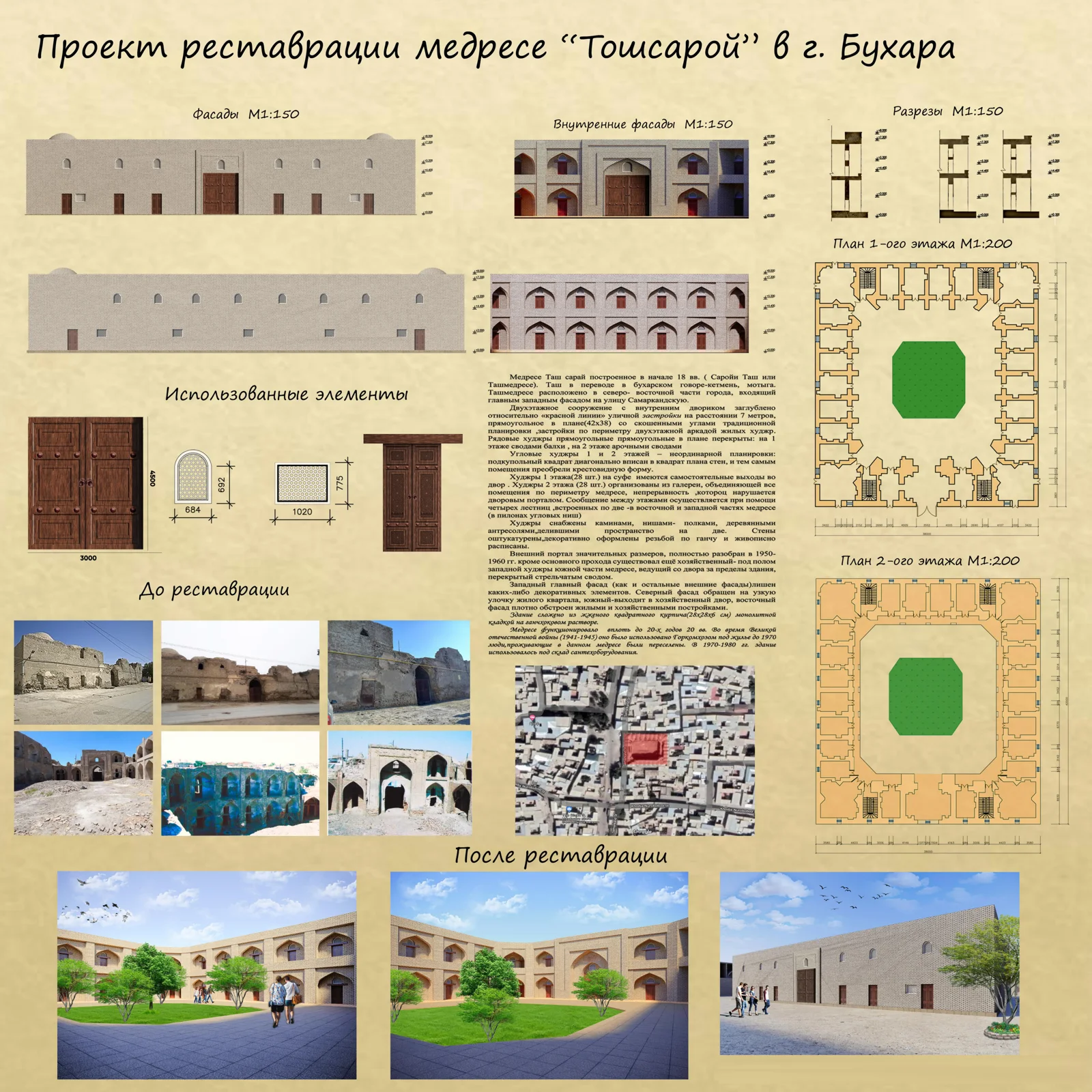 Проект реставрации медресе Тошсарой, построенного в XVIII веке в городе Бухаре»