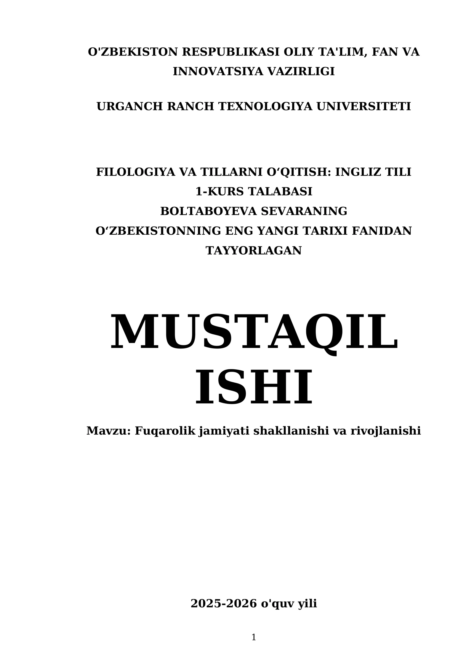 Oʻzbekistonning eng yangi tarixi fanidan tayyorlagan mustaqil ishi