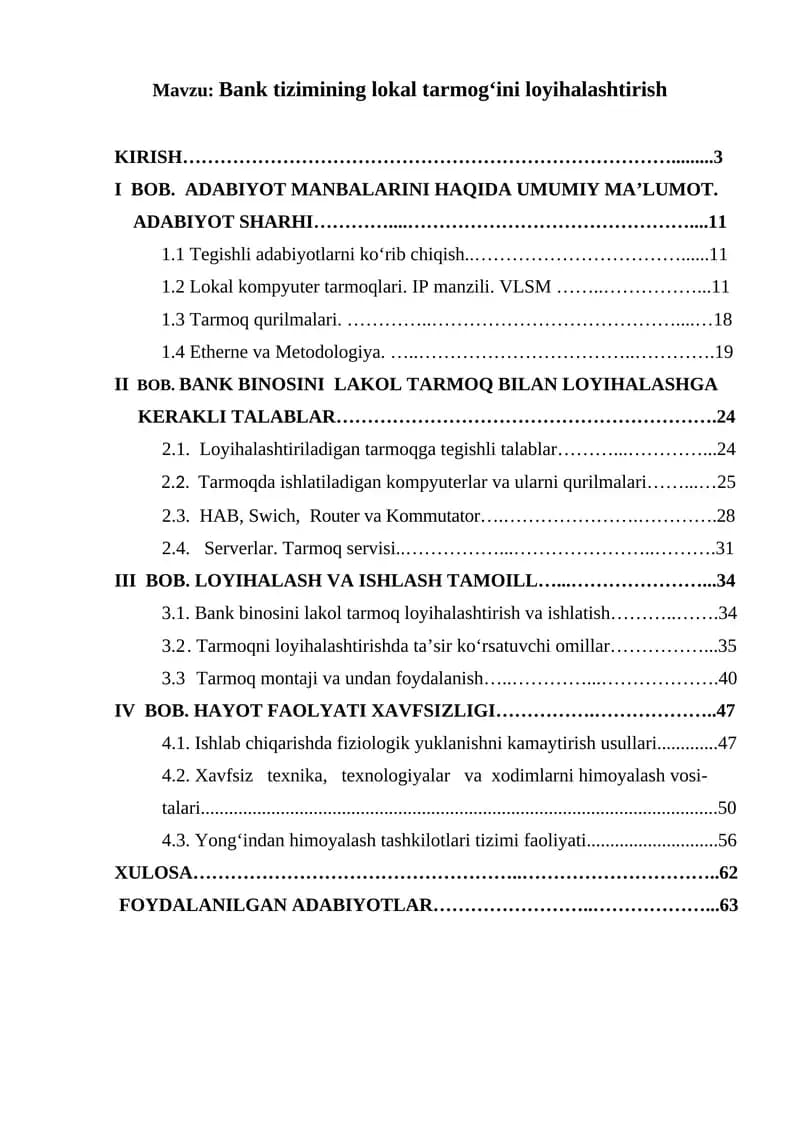 Bank tizimining lokal tarmog‘ini loyihalashtirish