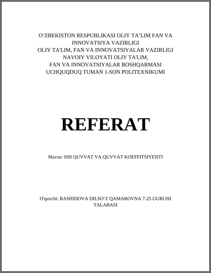 ISH QUVVAT VA QUVVAT KOEFFITSIYENTI