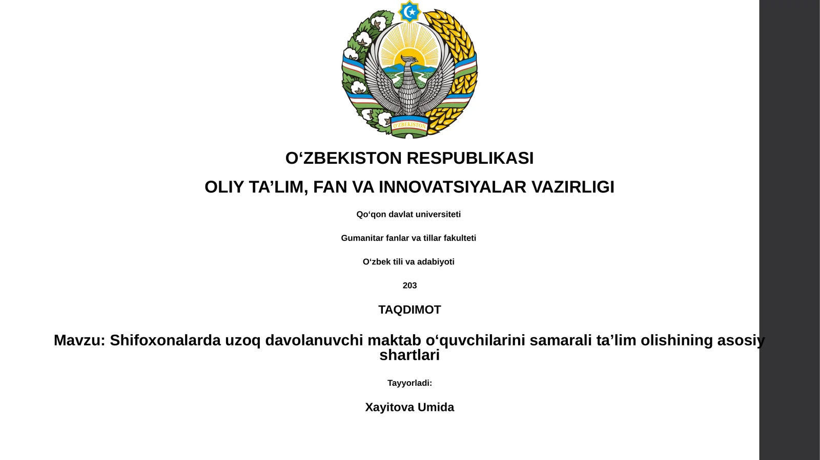Shifoxonalarda uzoq davolanuvchi maktab oʻquvchilarini samarali taʼlim olishining asosiy shartlari
