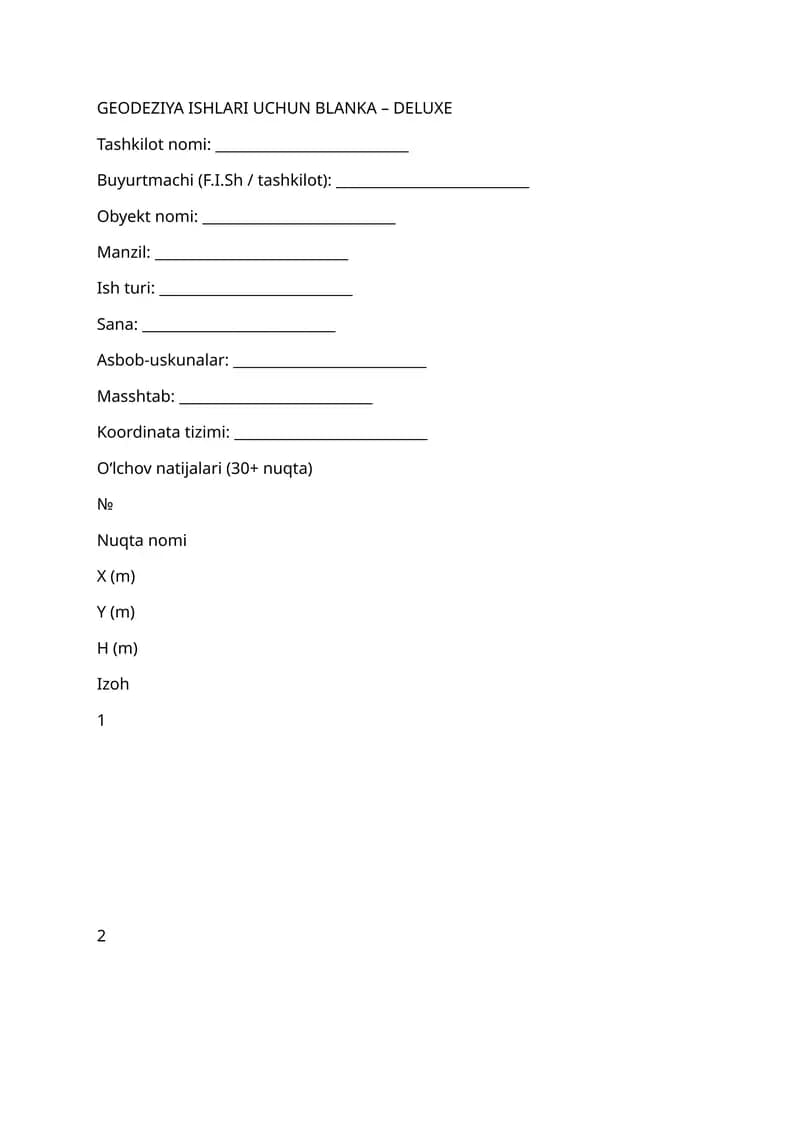 GEODEZIYA ISHLARI UCHUN BLANKA – DELUXE