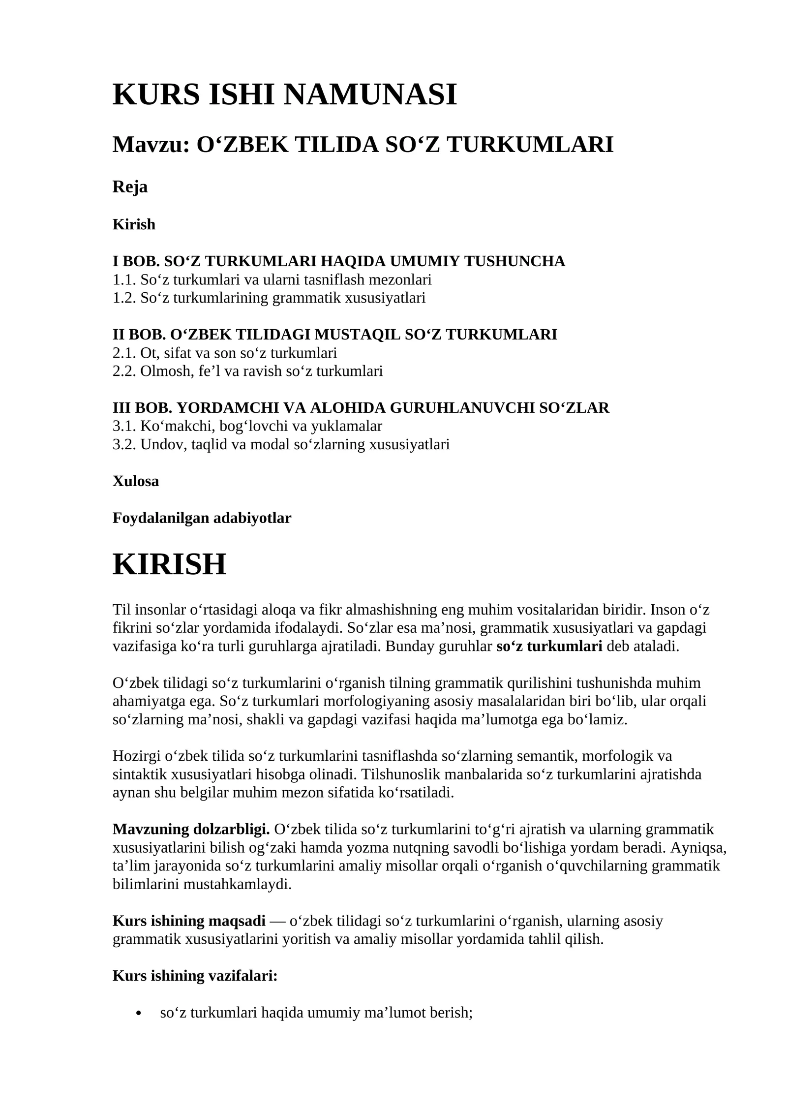Ona tili fanidan kurs ishi namunasi — O‘zbek tilida so‘z turkumlari