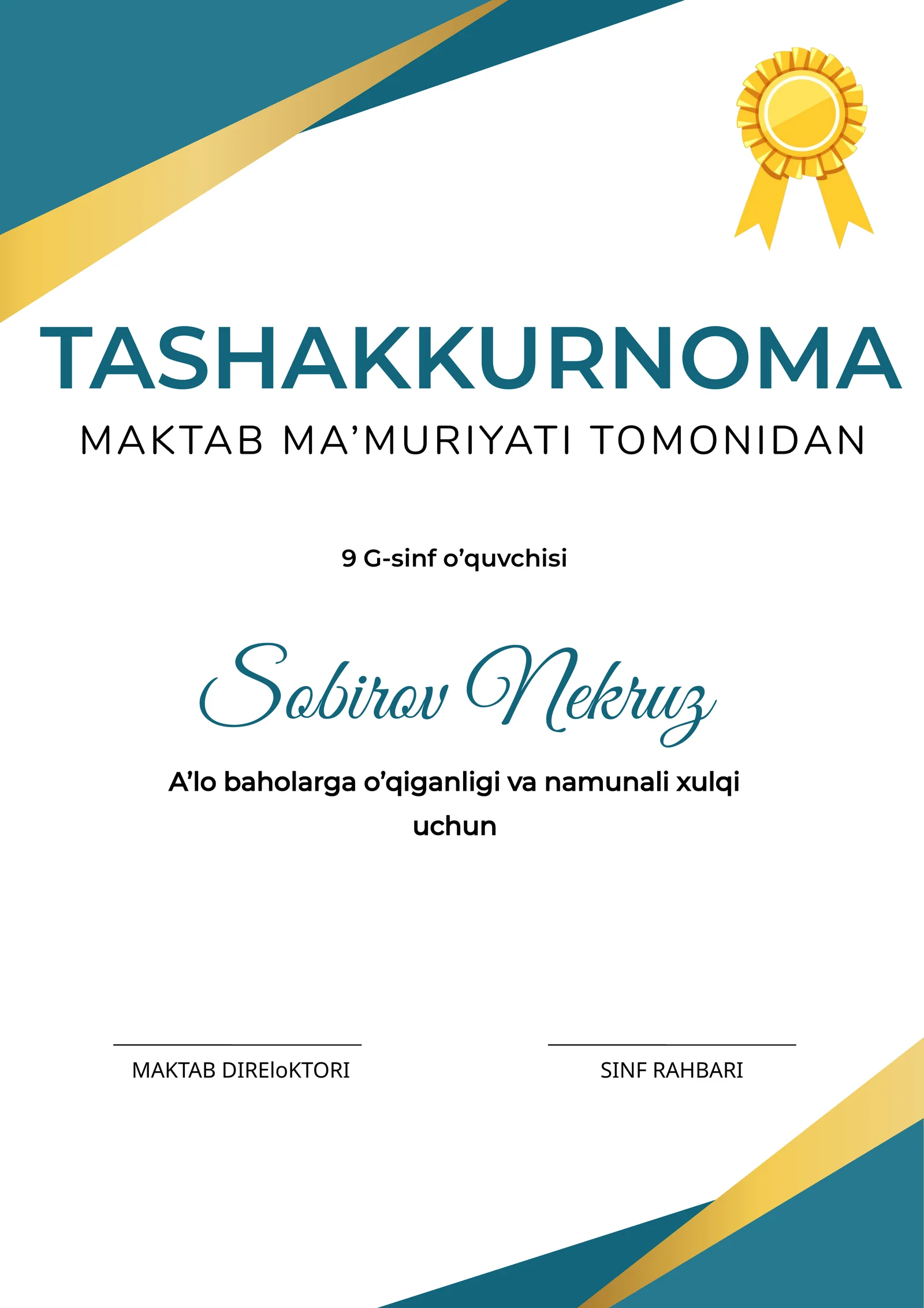 Tashakkurnoma shablon