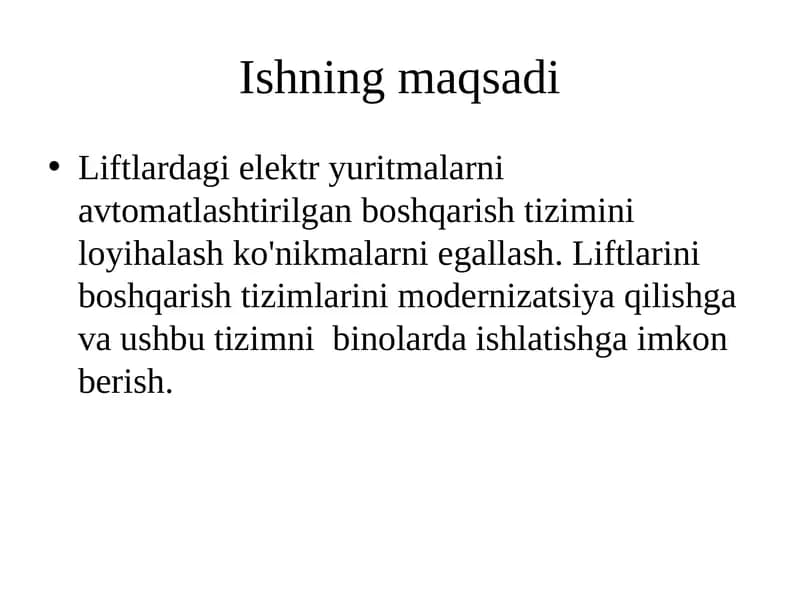 Ko’p qavatli binolarda yuk va odam tashiydigan liftlarning mexanizmlarida mexatron modullarini qo’llash