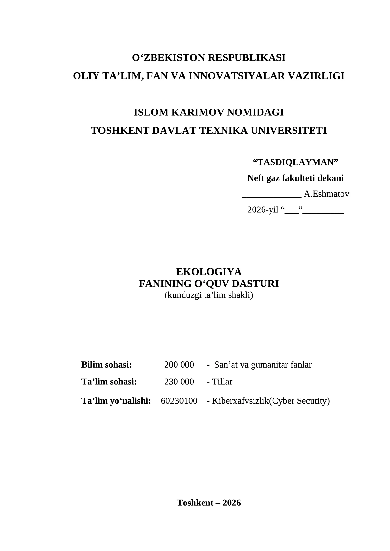 yangi namunaviy fanining o'quv dasturi 2026-2027
