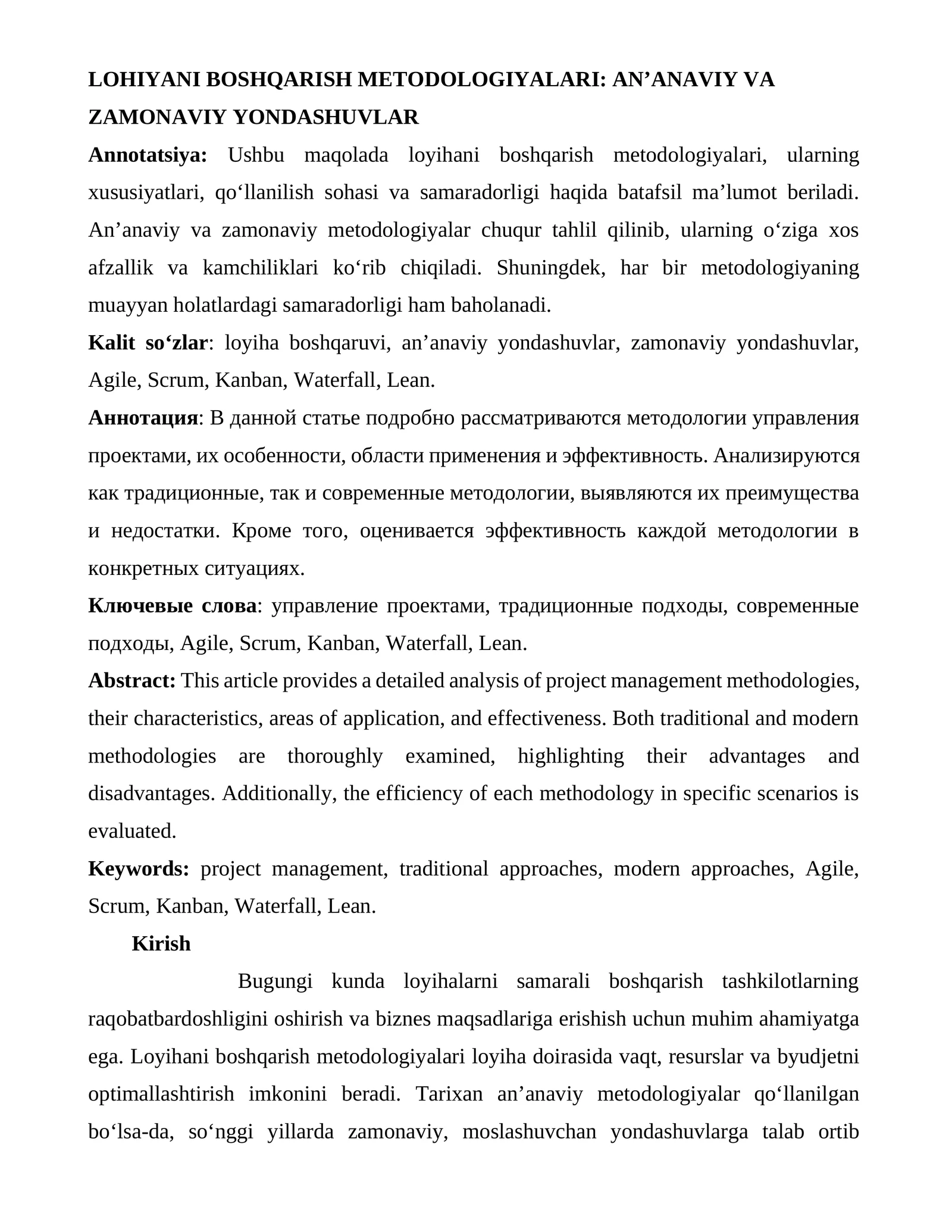LOHIYANI BOSHQARISH METODOLOGIYALARI