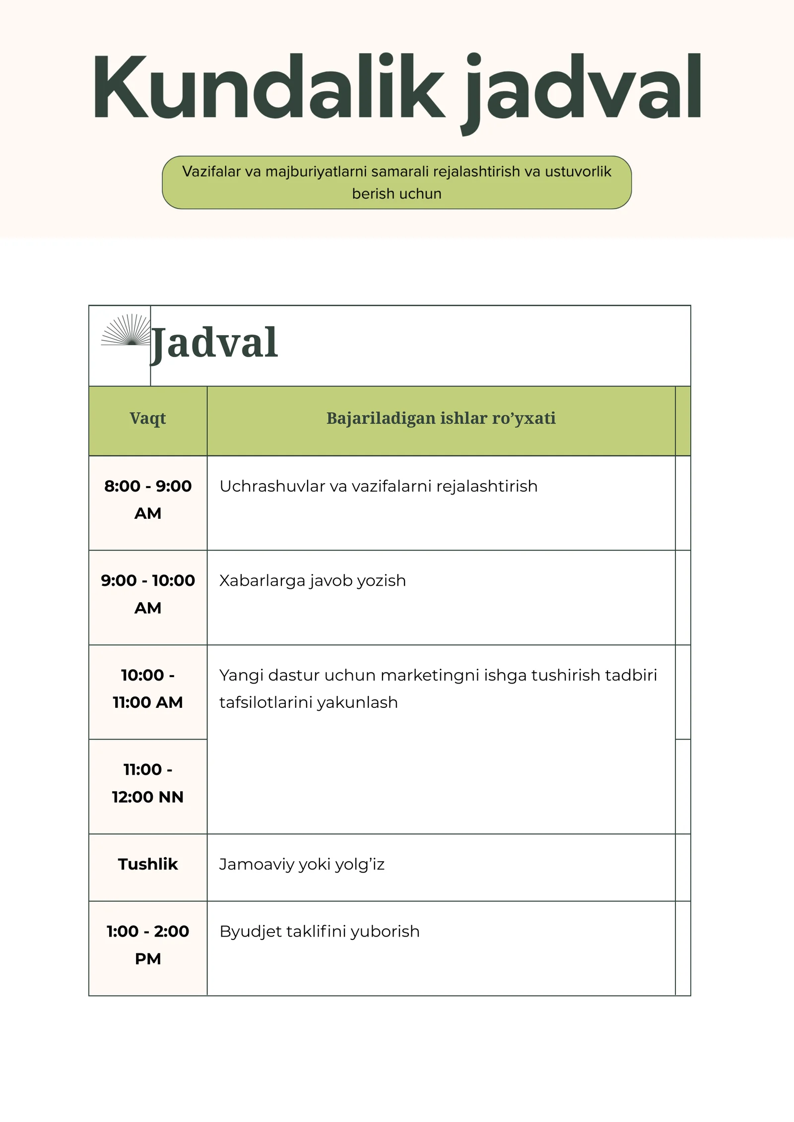 Kunlik jadval Agenda