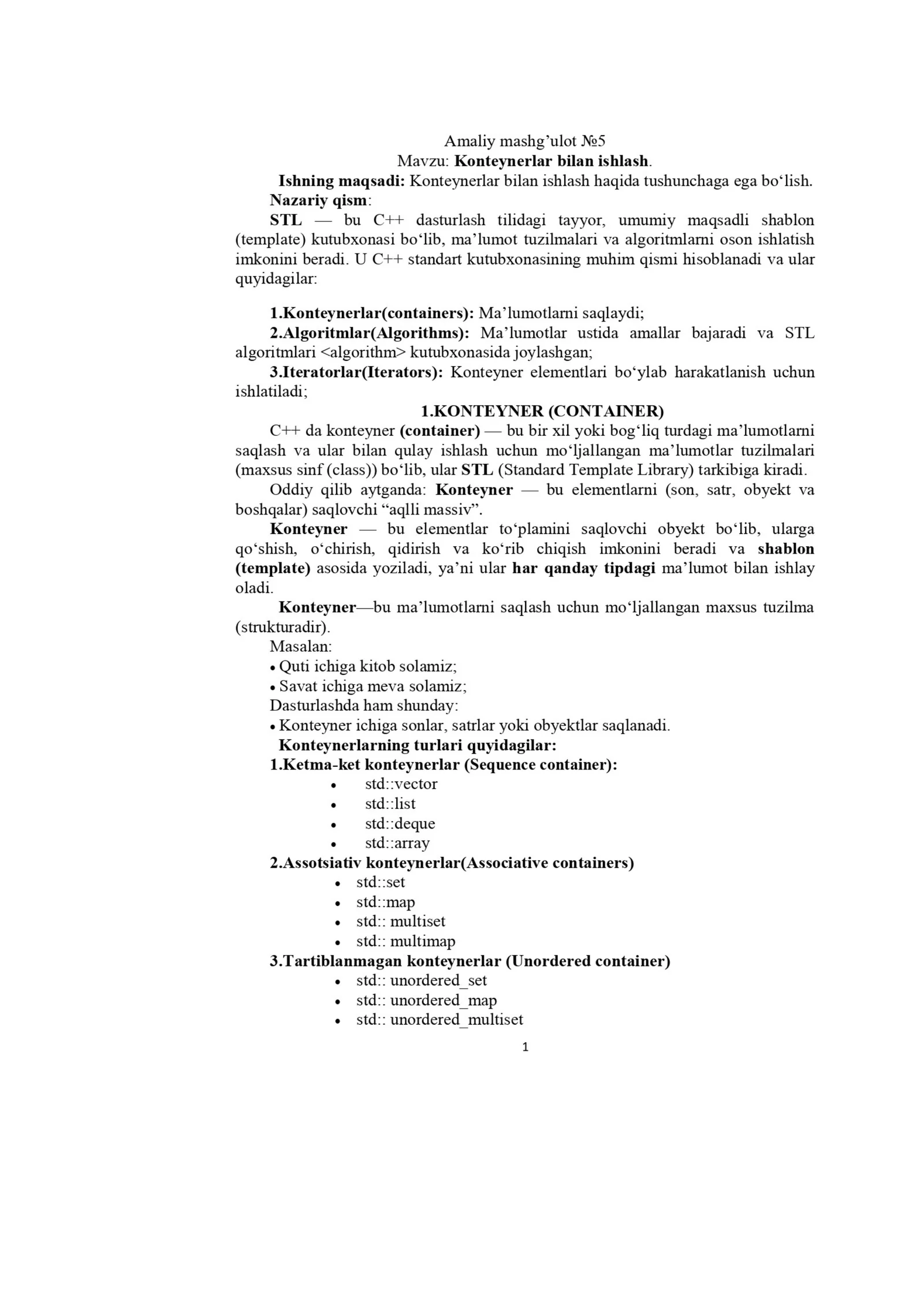 Dasturlashda qoʻllaniladigan Konteynerlar.