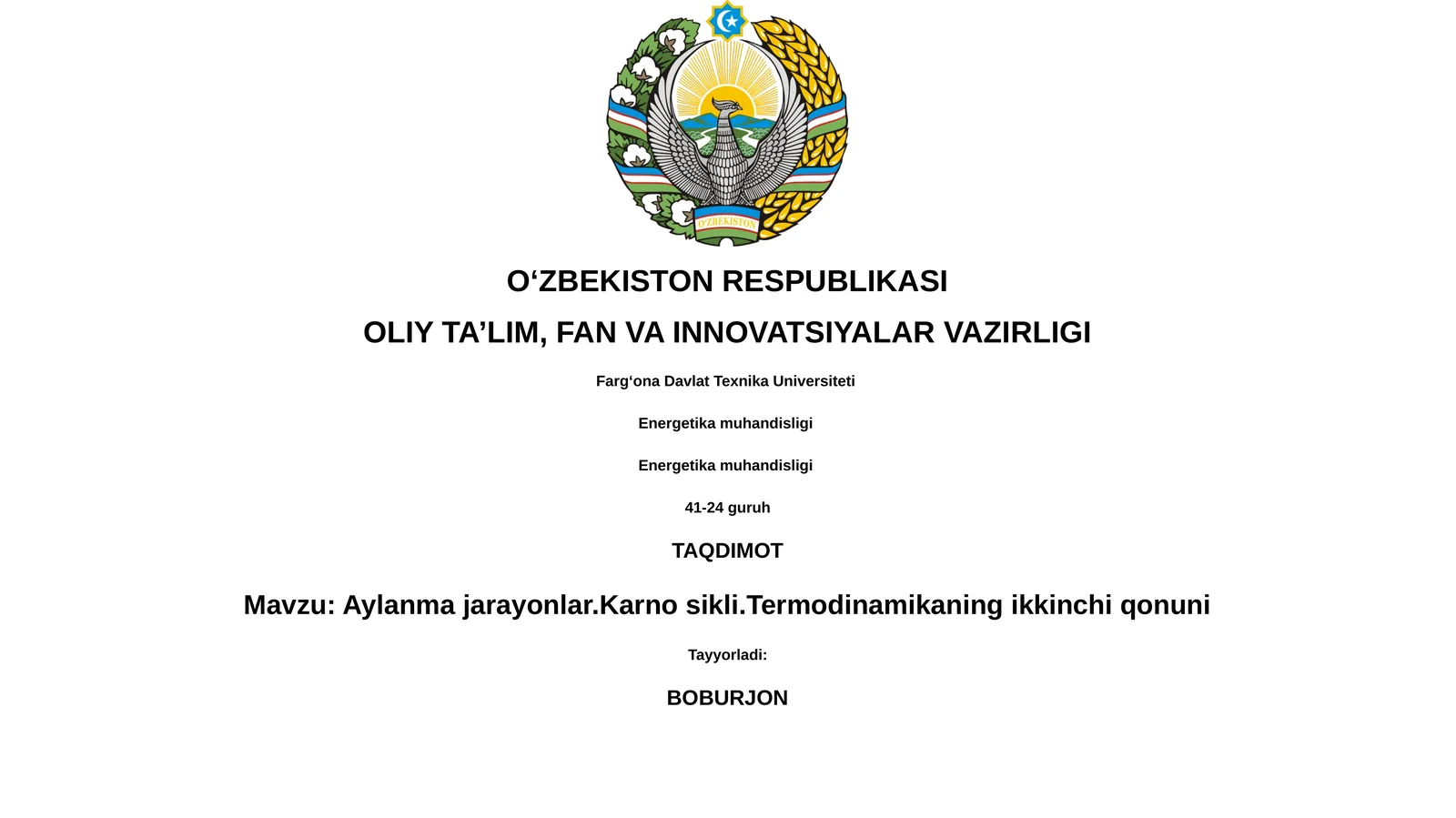 Aylanma jarayonlar.Karno sikli.Termodinamikaning ikkinchi qonuni