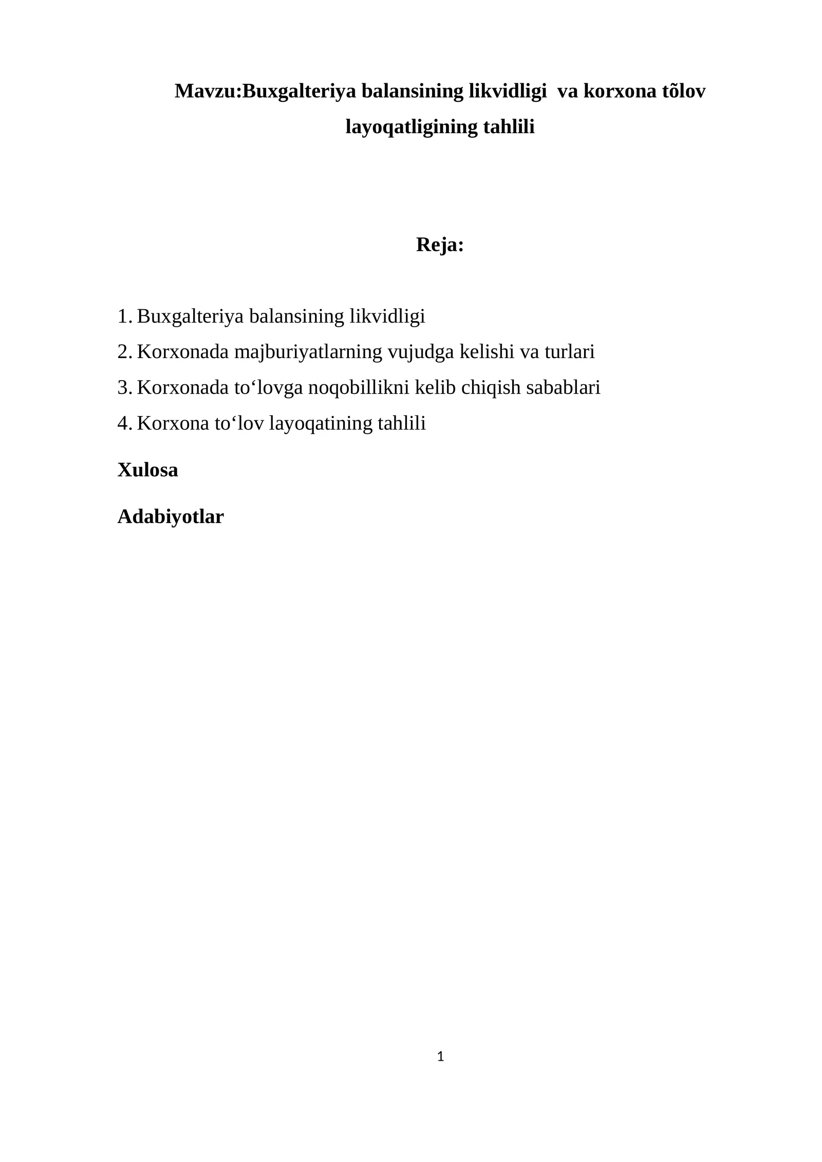 Buxgalteriya balansining likvidligi  va korxona tõlov layoqatligining tahlili