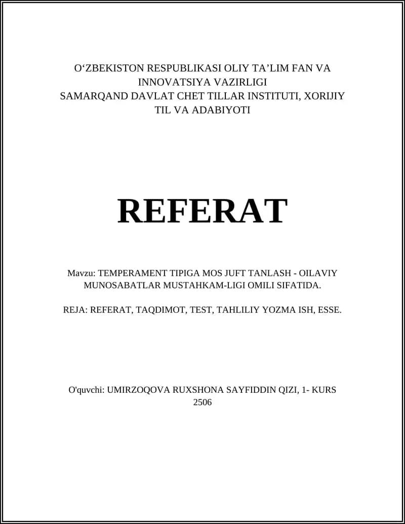 TEMPERAMENT TIPIGA MOS JUFT TANLASH - OILAVIY MUNOSABATLAR MUSTAHKAM-LIGI OMILI SIFATIDA