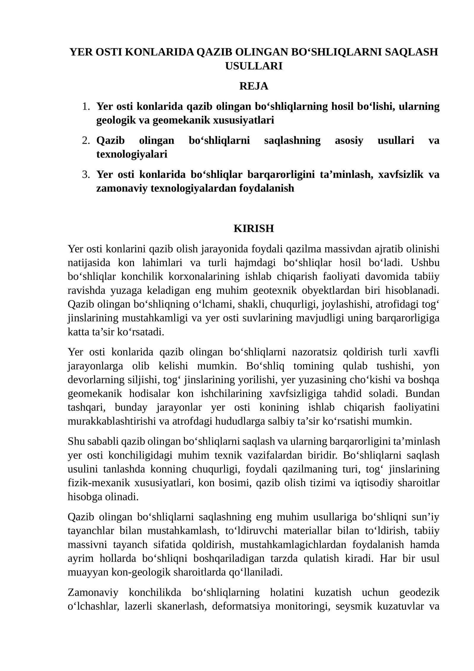 Yer osti konlarida qazib olingan bo‘shliqlarni saqlash usullari