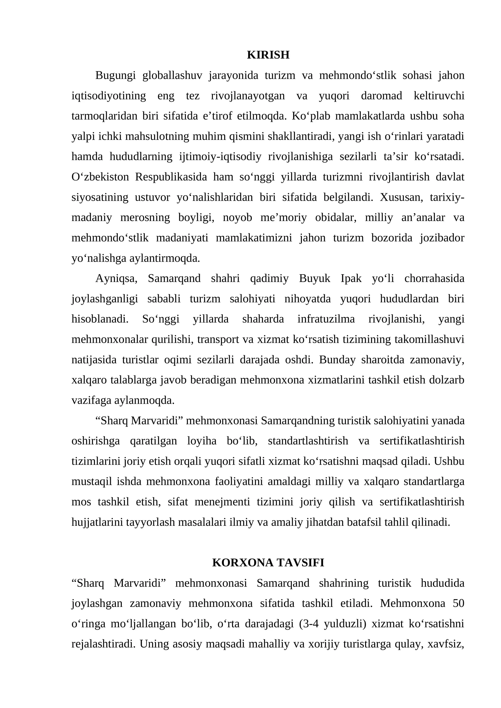 Mustaqil ish turizmda standartlashtirish va sertifikatlashtirish fani