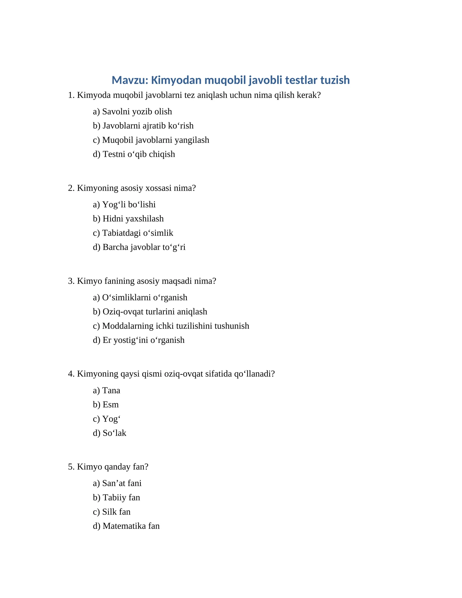 Kimyodan muqobil javobli testlar tuzish