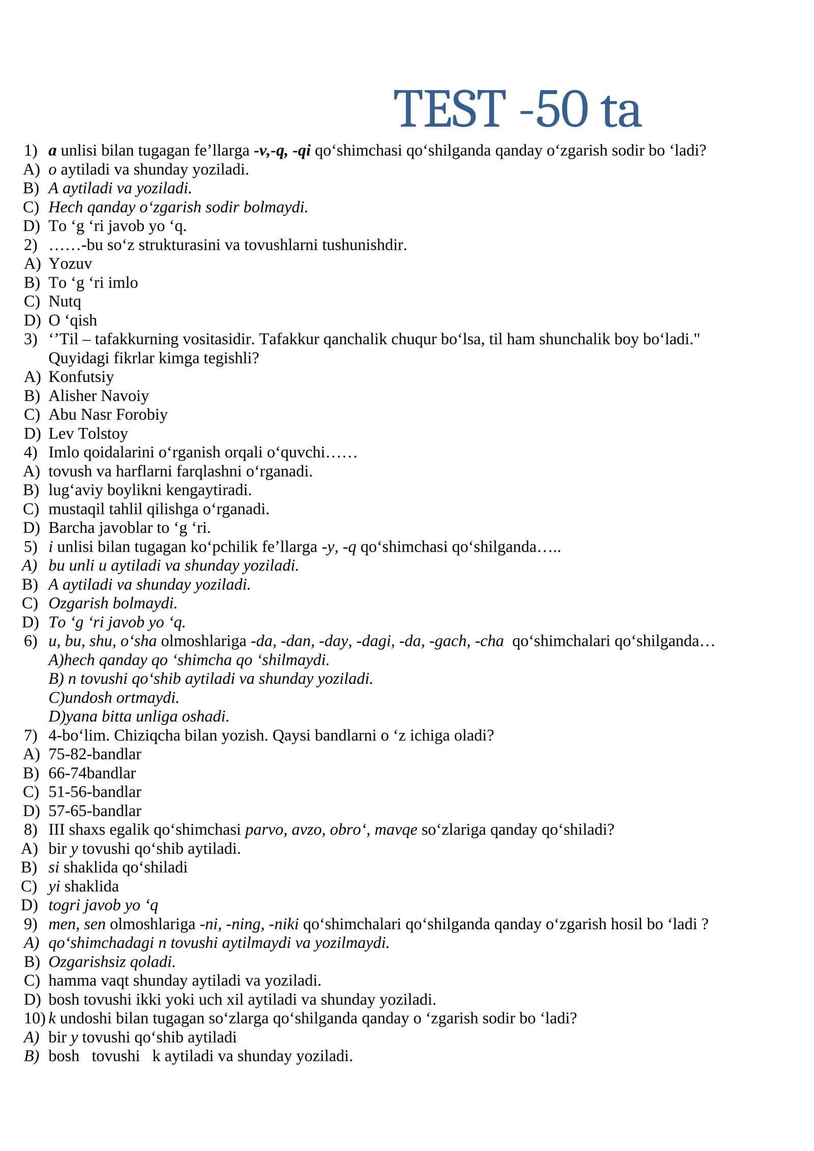 ona tiliga oid testlar