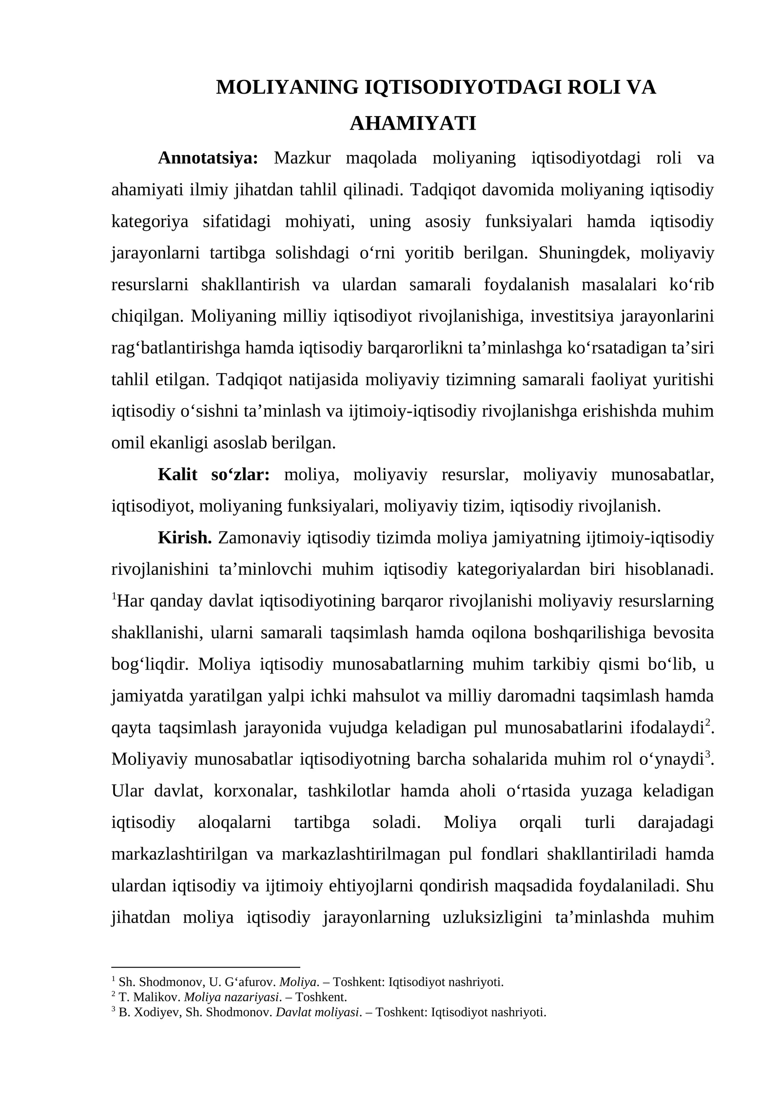 MOLIYANING IQTISODIYOTDAGI ROLI VA AHAMIYATI