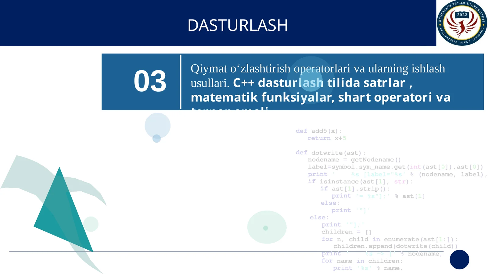 Qiymat o‘zlashtirish operatorlari va ularning ishlash usullari. C++ dasturlash tilida satrlar , matematik funksiyalar, shart operatori va ternar amali.