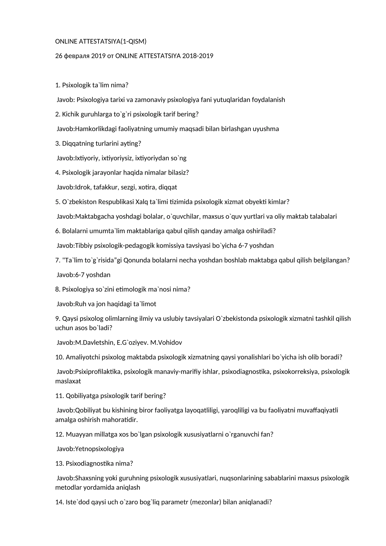 Psixologiya atestatsiya savollari 2 qism