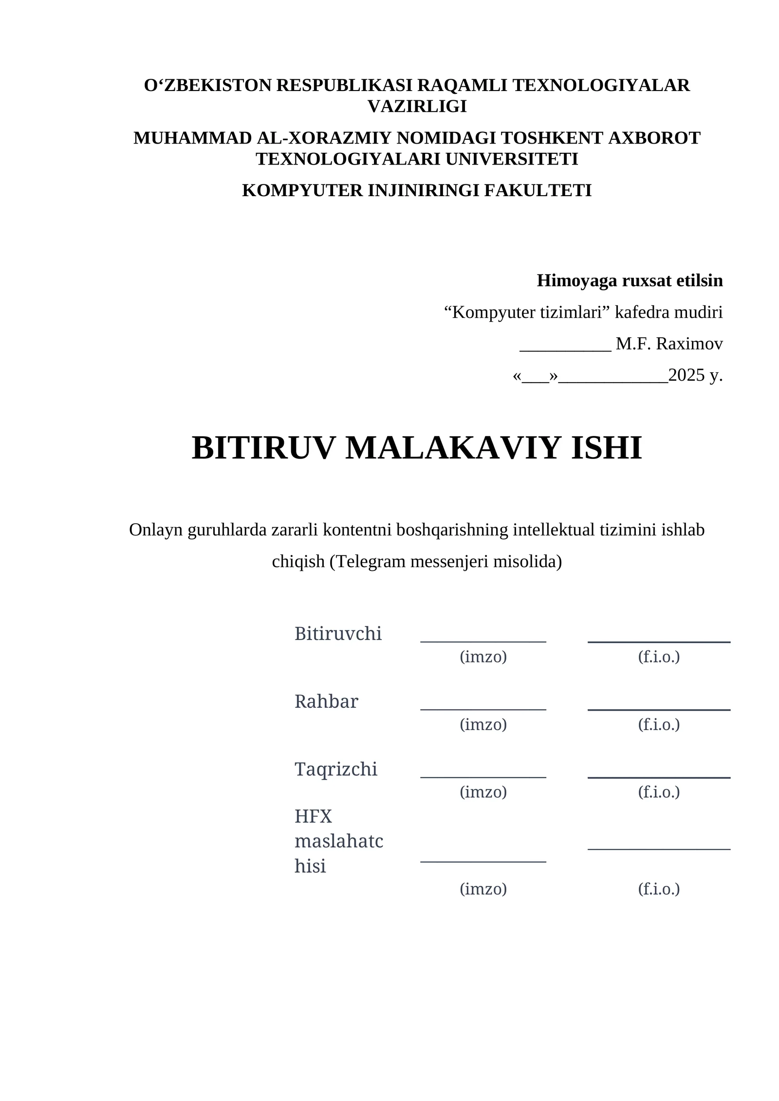 Onlayn guruhlarda zararli kontentni boshqarishning intellektual tizimini ishlab chiqish (Telegram messenjeri misolida)