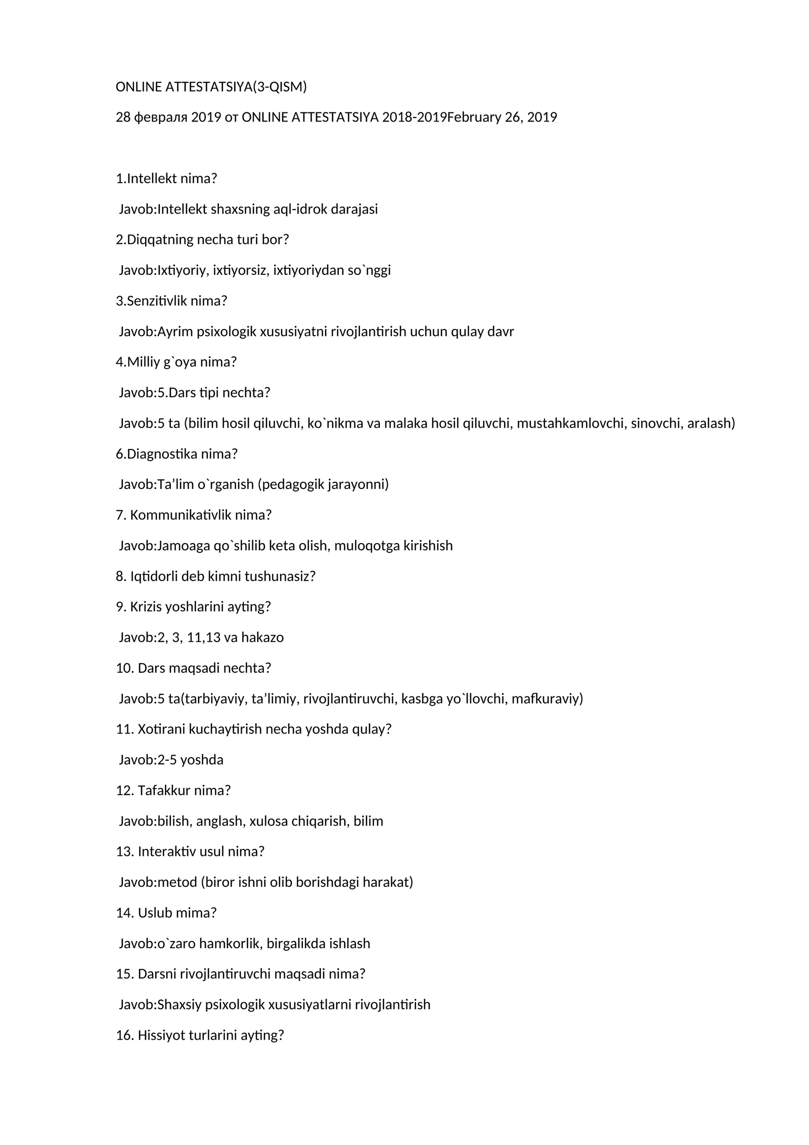 Atestatsiya psixologiya savollari